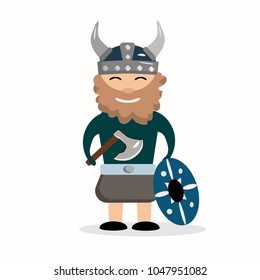 viking on a white background,  ax in hand,  helmet with horns on head, shield near the legs, cute bearded man in a viking costume