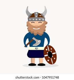 viking on white background, ax in hand,  helmet with horns on head, shield near the legs, cute bearded man in viking costume