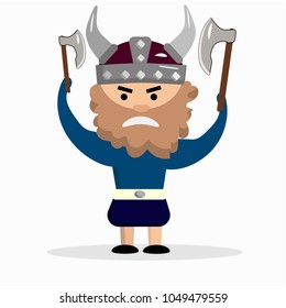 viking on a white background,  ax in hand,  helmet with horns on head, shield near the legs, cute bearded man in a viking costume, formidable evil viking