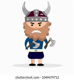 viking on a white background,  ax in hand,  helmet with horns on head, shield near the legs, cute bearded man in a viking costume, formidable evil viking