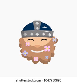 viking on a white background,  helmet on head, funny character,  flowers in a beard, cute bearded man in a viking costume,  viking icon