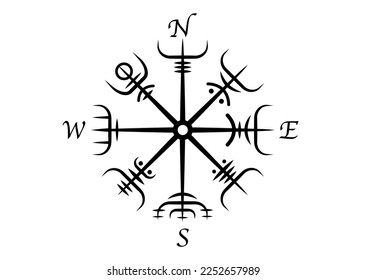 Viking Pagan Asatru Compass, Vegvisir Wind rose, brújula de navegación, Norse Mythology. Talisman protector para viajeros. Navegador mágico para los vagabundos. Tatuaje vectorial aislado en blanco