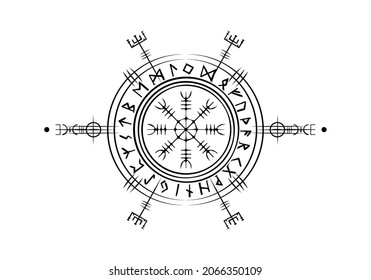 Viking Pagan Asatru Runic Compass, Vegvisir Rune Circle Viking Norse Mythology. Protective talisman for travelers. Magical Navigator Compass for the wandering. Vector isolated on white background