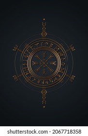 Viking Pagan Asatru Runic Compass, Vegvisir Rune Circle Viking Norse Mythology. Golden Protective talisman. Magical Navigator Compass for the wandering. Vector isolated on black background