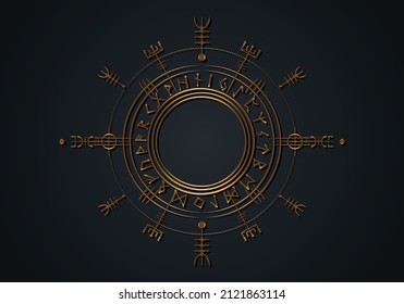Viking Pagan Asatru Runic Compass, Vegvisir Rune Circle Viking Norse Mythology. Golden Protective talisman. Magical Navigator Compass for the wandering. Vector isolated on black background