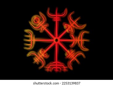 Viking Pagan Compass, Sacred Vegvisir of fire, navigation runic compass, Norse Mythology. Protective talisman for travelers. Magical Navigator for the wandering. Vector red tattoo isolated on black