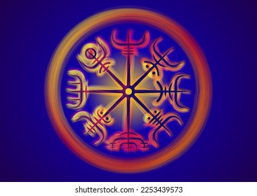 Viking Pagan Compass, Sacred Vegvisir of fire, navigation runic compass, Norse Mythology. Protective talisman for travelers. Magical Navigator for the wandering. Vector fire round isolated on blue