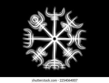 Viking Pagan Compass, Vegvisir Wind rose, navigation runic compass, Norse Mythology. Protective talisman for travelers. Magical Navigator for the wandering. Vector white tattoo isolated on black