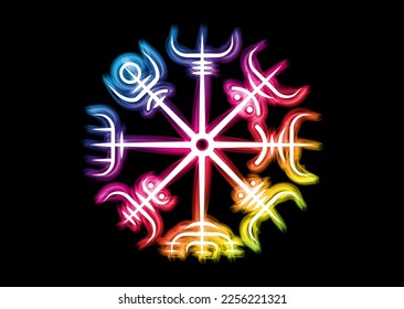 Viking Pagan Compass, Vegvisir Wind rose, navigation runic compass, Norse Mythology. Protective talisman for travelers. Magical Navigator for the wandering. Colorful Vector isolated  black background