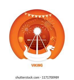 Viking with paper cut style. Vector illustration of carnival funfair theme