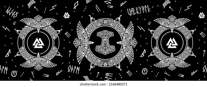 Viking pattern shield vector with Scandinavian ornament and ravens, Valknut symbol and Thor's hammer associated with Odin, ritual executions and funeral rites isolated on black background with runes