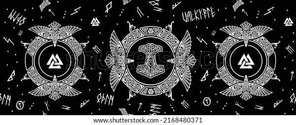 Viking pattern shield vector with Scandinavian
ornament and ravens, Valknut symbol and Thor's hammer associated
with Odin, ritual executions and funeral rites isolated on black
background with runes