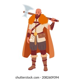 Viking, Personage of Nordic Legends. Scandinavian Warrior Male Character with Beard, Wear Fur Cape, Holding Armor Axe and Horn on Belt Isolated on White Background. Cartoon Vector Illustration