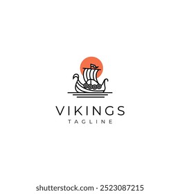 Viking pirate sailing ship logo with sunset in linear line art vector design style