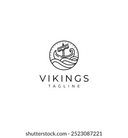 viking pirate sailing ship logo in minimalist linear line art design style with circle frame shape