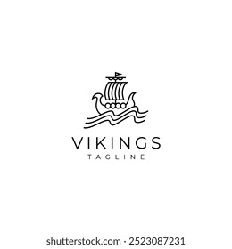 Viking pirate sailing ship logo in minimalist linear line art design style