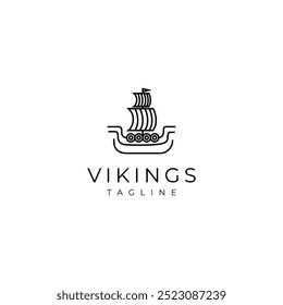 Viking pirate sailing ship logo with waves in linear line art vector design style