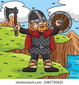 Viking Raising Axe Colored Cartoon Illustration