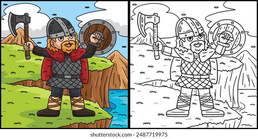 Viking Raising Axe Coloring Page Illustration