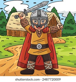 Viking Raising Sword Colored Cartoon Illustration
