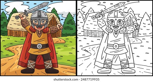 Viking Raising Sword Coloring Page Illustration