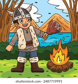 Viking Roasting Meat Colored Cartoon Illustration