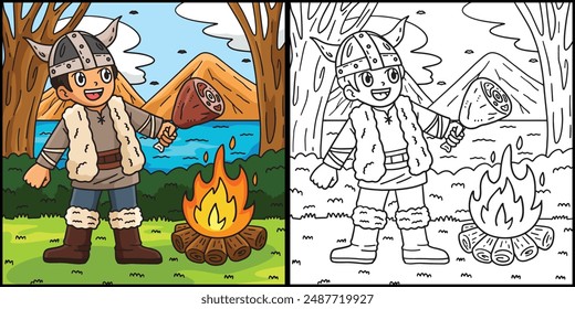 Viking Roasting Meat Coloring Page Illustration