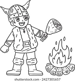 Viking Roasting Meat on Bonfire Isolated Coloring