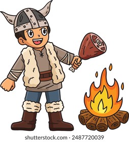 Viking Roasting Meat on a Bonfire Cartoon Clipart 