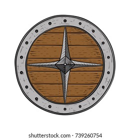 Viking round shield. Colored hand drawn sketch. Vector illustration isolated on white background