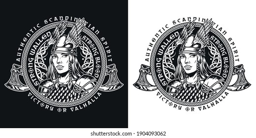 Viking round vintage label in monochrome style with battle axes and beautiful valkyrie in winged helmet and metal armor isolated vector illustration