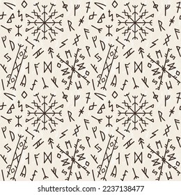 Viking rune pattern, norse symbols. Iceland nordic magic tattoo, runic futhark, nord signs. Decor textile, wrapping paper, minimalist monochrome ornament. Vector seamless utter background