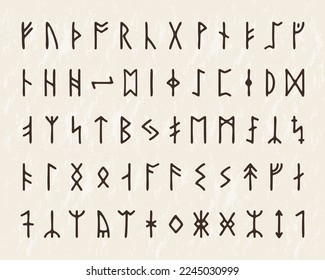 Viking rune symbols, Norse alphabet. Celtic runic futhark, ancient stone letter tattoo, occult signs. Traditional northern motif, minimalist ornament. Vector illustration utter isolated set