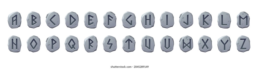 Viking runes alphabet, celtic font with ancient runic signs on grey stone pieces. Abc nordic style scandinavian letters, futark type symbols, game or ui graphic design elements, Cartoon vector set