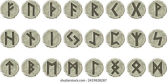 Ruedas vikingas, alfabeto celta con antiguas señales rónicas en piedra, letras escandinavas. Abc tipo de letra nórdica. Elementos para juegos de computadora o diseño gráfico ui. Dibujo vectorial aislado de dibujos animados.