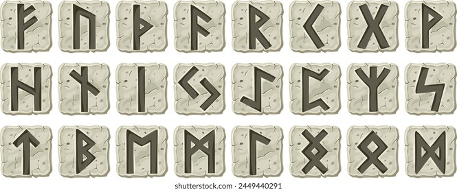 Runas vikingas, alfabeto celta con antiguos signos rúnicos en piedra, letras escandinavas. Abc nordic font. Elementos para juegos de ordenador o Diseño gráfico de ui. Ilustración vectorial aislada de dibujos animados.