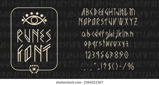 Wiking rundet die Schriftart ab. Skandinavischer Typ, alte Schrift. Nordisches Alphabet, Vektorschriftsatz mit gotischen Buchstaben und Zahlen mit mittelalterlichen keltischen Typografie-Elementen und rassigen ethnischen Symbolen, viktierendem Alphabet