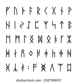 Viking runes. Runic celtic alphabet, norse mythical medieval signes. Mystery game rune, ancient letters and magic symbols. Tidy scandinavian occult vector set