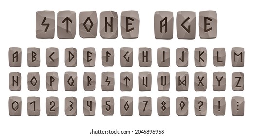 Viking escribe alfabeto de la edad de piedra, fuente celta con antiguas señales rúdicas en piezas rocosas grises. Estilo nórdico abc letras escandinavas, dígitos y signos de puntuación, símbolos de tipo futark, conjunto de vectores de dibujos animados