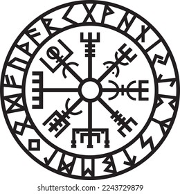 Viking runes in vector - Vegvisir, the Magic Navigation Compass of ancient Icelandic Vikings with scandinavian runes