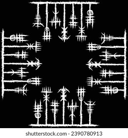 Viking runic letters text isolated on black background. Grunge ink blots Scandinavian and Icelandic symbols set