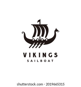 Viking sail ship drakkar scandinavia logo design in outline style	
