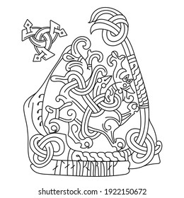 Viking Scandinavian design. Ancient decorative mythical animal in Celtic, Scandinavian style, knot-work illustration, isolated on white, vector illustration