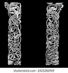 Viking Scandinavian design. Ancient decorative mythical animal in Celtic, Scandinavian style, knot-work illustration, isolated on black, vector illustration