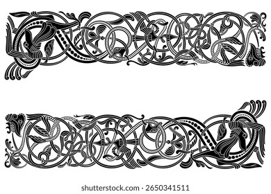 Viking Scandinavian design. Ancient decorative mythical animal in Celtic, Scandinavian style, knot-work illustration, isolated on black, vector illustration
