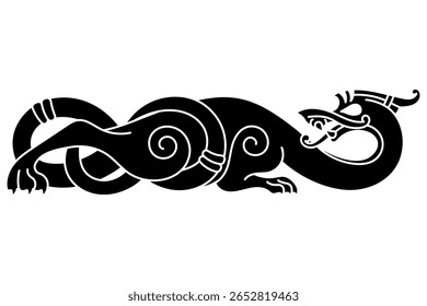 Projeto da Viking Escandinávia. Antigo decorativo mítico animal em Celta, estilo escandinavo, ilustração de nó-trabalho, isolado em branco, ilustração vetorial