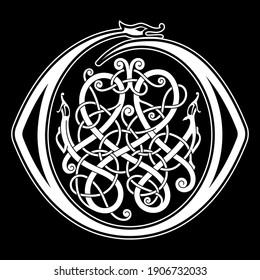 Viking Scandinavian design. Celtic, Scandinavian knot-work illustration, isolated on black, vector illustration