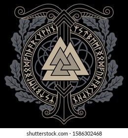 Viking, Scandinavian design. The image of ancient pagan symbols-the World tree Irminsul, Valknut and Scandinavian runes, isolated on black, vector illustration