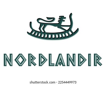 Viking, Scandinavian design. Image of a Viking ship and a lion in ancient retro style and inscription - northerner in Norse, isolated on white, vector illustration