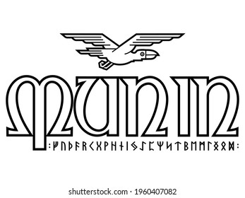Viking, Scandinavian design. Munin is one of the ravens of the old Norse God Odin. In In Ancient Northern mythology Munin means memory or mind, vector illustration